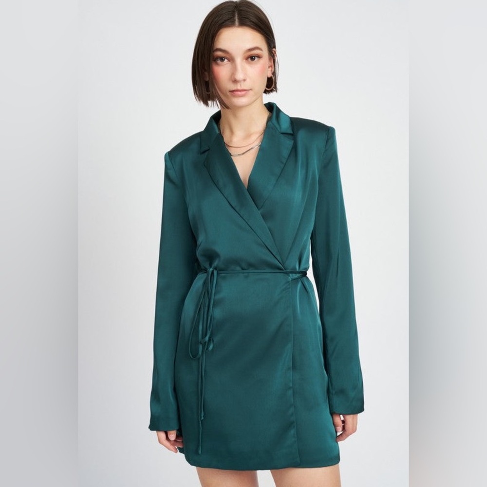 Lulus satin emerald green wrapped blazer mini dress with drawstring
